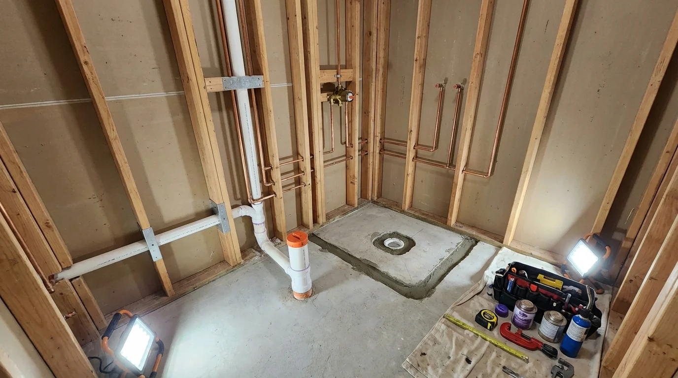 Bathroom rough-in plumbing during remodel by Johns Plumbing LLC in Cochran