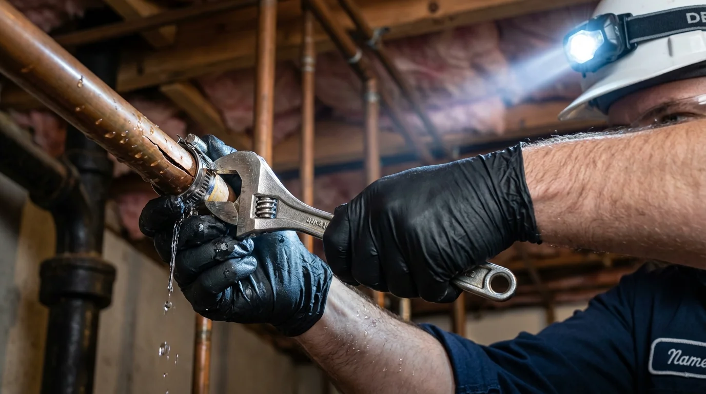 Emergency pipe clamp repair being performed by a Johns Plumbing LLC plumber in Cochran