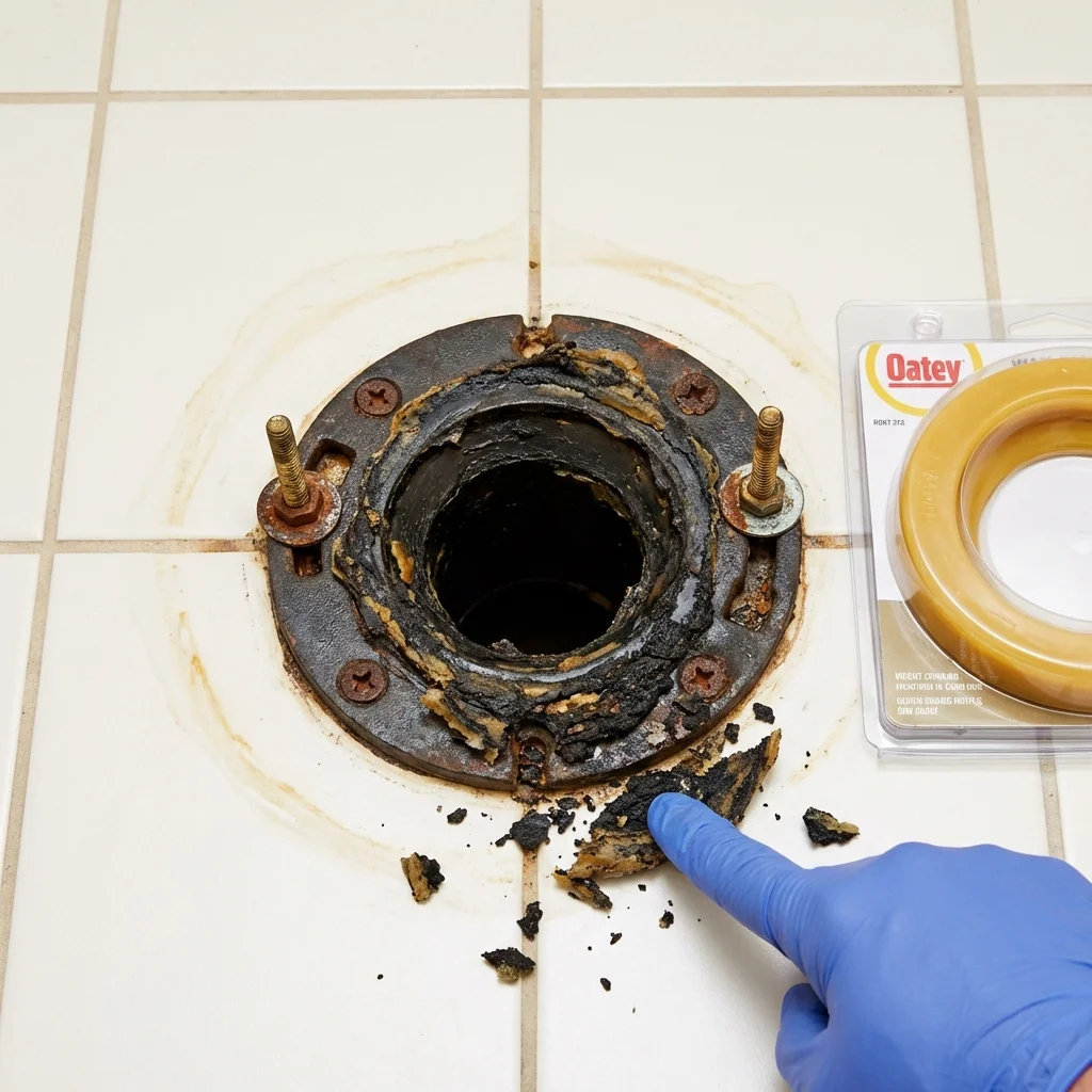 Failed wax ring showing water seepage at the base of a toilet in a Cochran, GA home