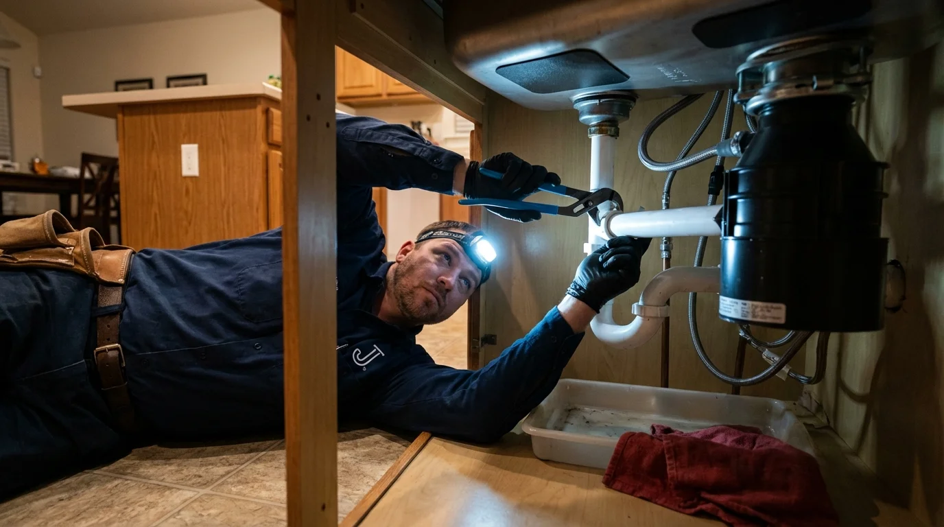 P-trap and supply line connections under a kitchen sink showing a common leak point in Cochran, GA